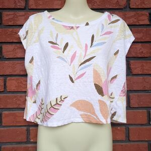 Cynthia Rowley 100% Linen Crop Top Sz M White Tropical Jersey Stretch Boxy Shirt